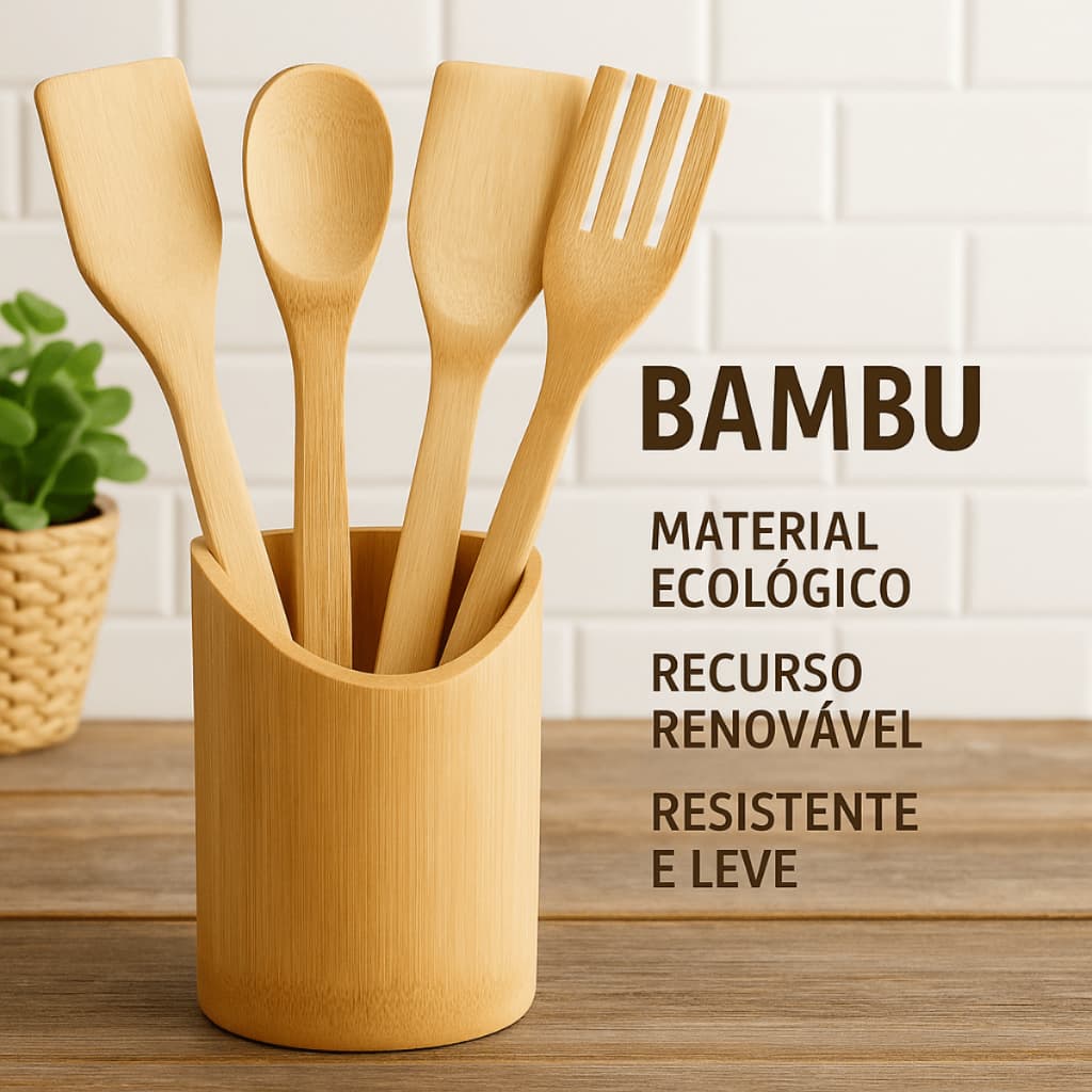 Kit Utensílios de BAMBU cozinha colher de pau, espatula com base