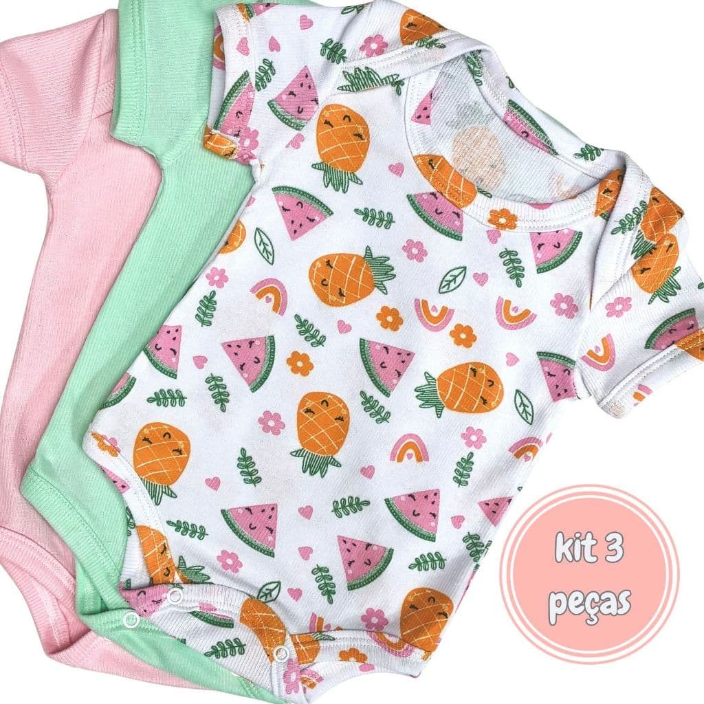 Kit 3 Body Manga Curta Estampado+Liso Roupa de   Bebê Malha Canelada Algodão Menina Enxoval