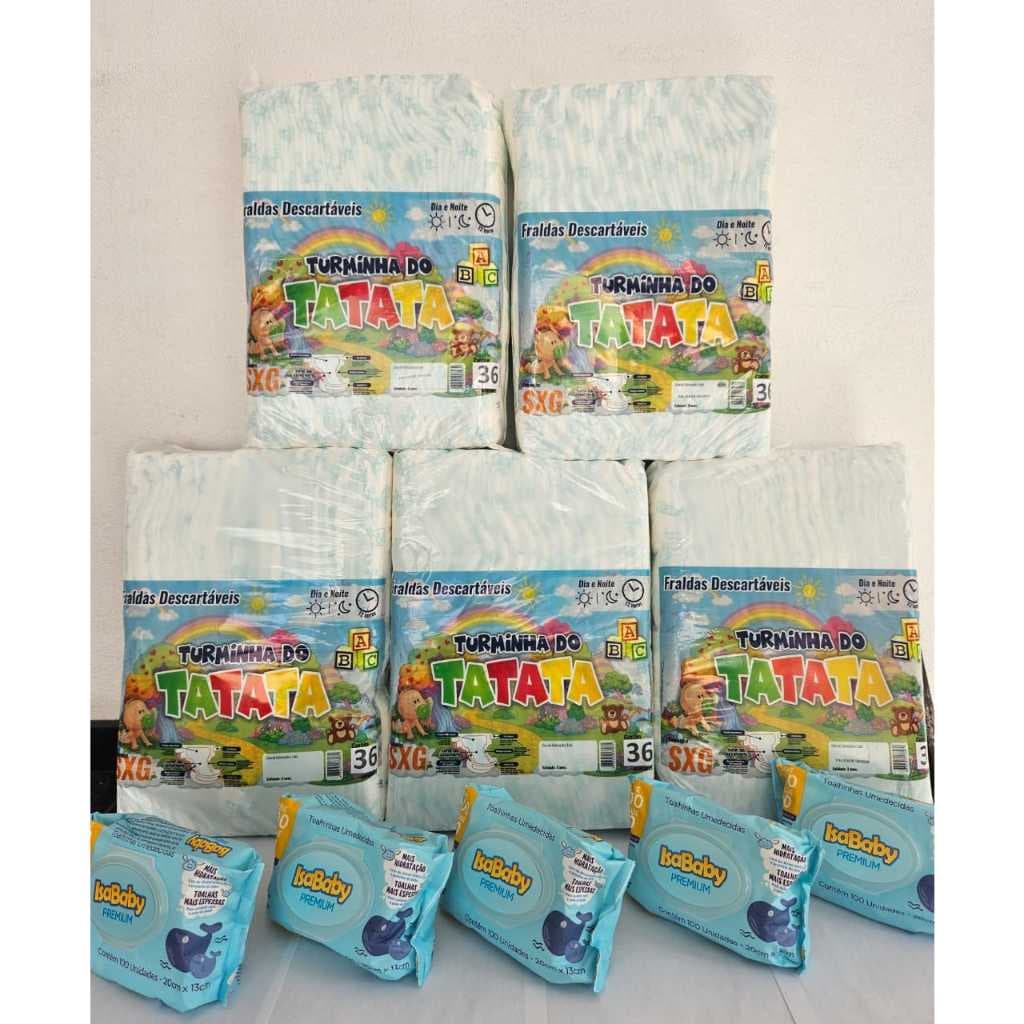 5 Pacotões Fraldas Infantil Turminha Qualquer Tamanho + 500 un Toalhas Umedecidas Isababy( P - 200 un - M - 200 un - G -