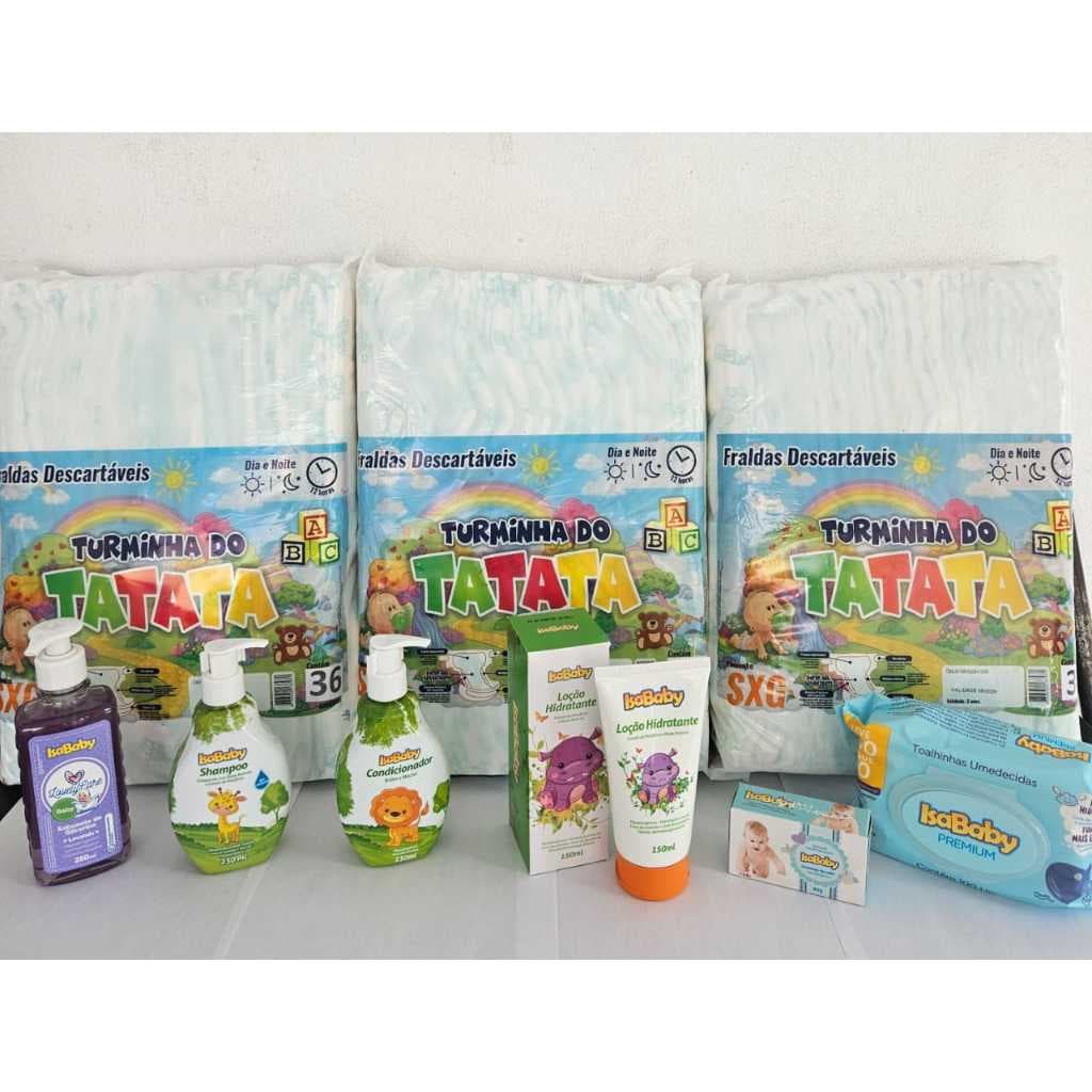 3 Pacotões Fraldas Infantil Turminha + Shampoo e Condicionador Isababy + Hidratante Baby + Sabonete Barra + Sabonete Liq
