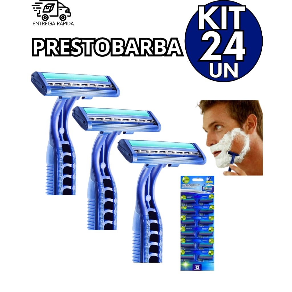 Kit 24 Prestobarba Aparelho de Barbear 2 Lâminas Com Fita Lubrificante Uso Diário e Profissional