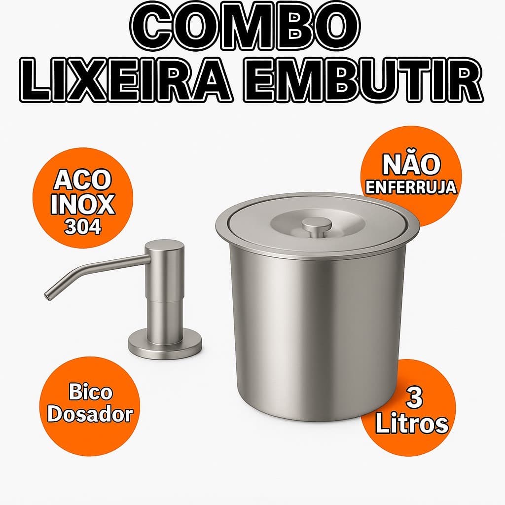 kit Dispenser Detergente Mais Lixeira Embutir Pia Granito Porta Sabonete Liquido Ambos Aço Inox