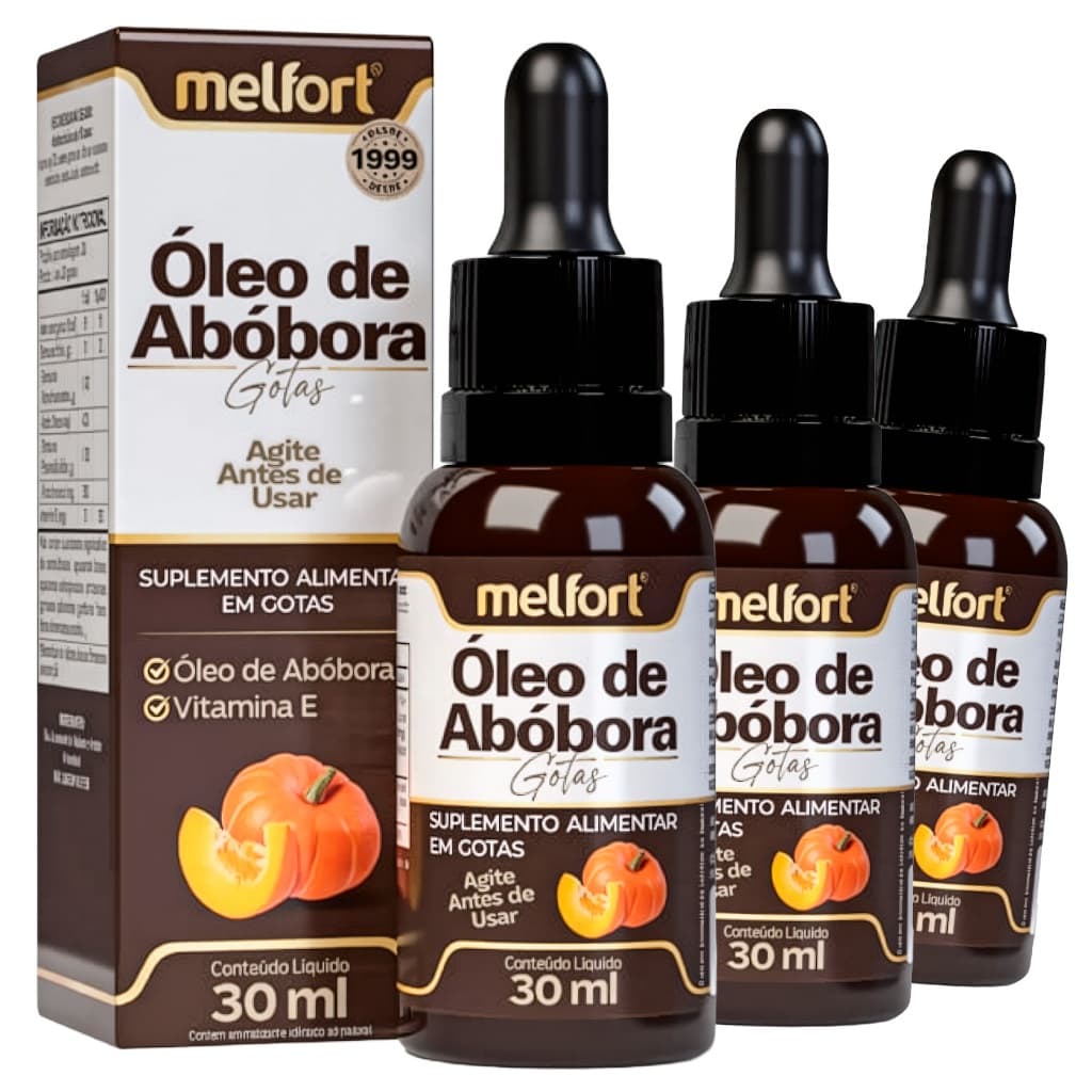3x Óleo de Abóbora 30ml em Gotas Suplemento Alimentar Líquido com Vitamina E Uso Diário Prático