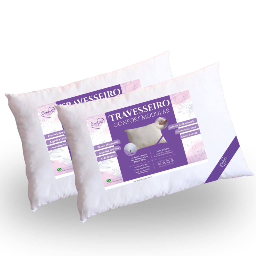 Travesseiro Confort Modular Kit com 2 Unidades 50x70cm Conforto Ajustável Algodão 200 fios