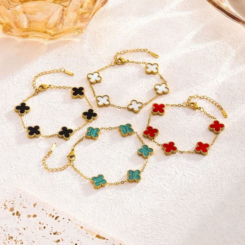 Pulseira dupla face de trevo de quatro folhas em aço inoxidável 18K vintage