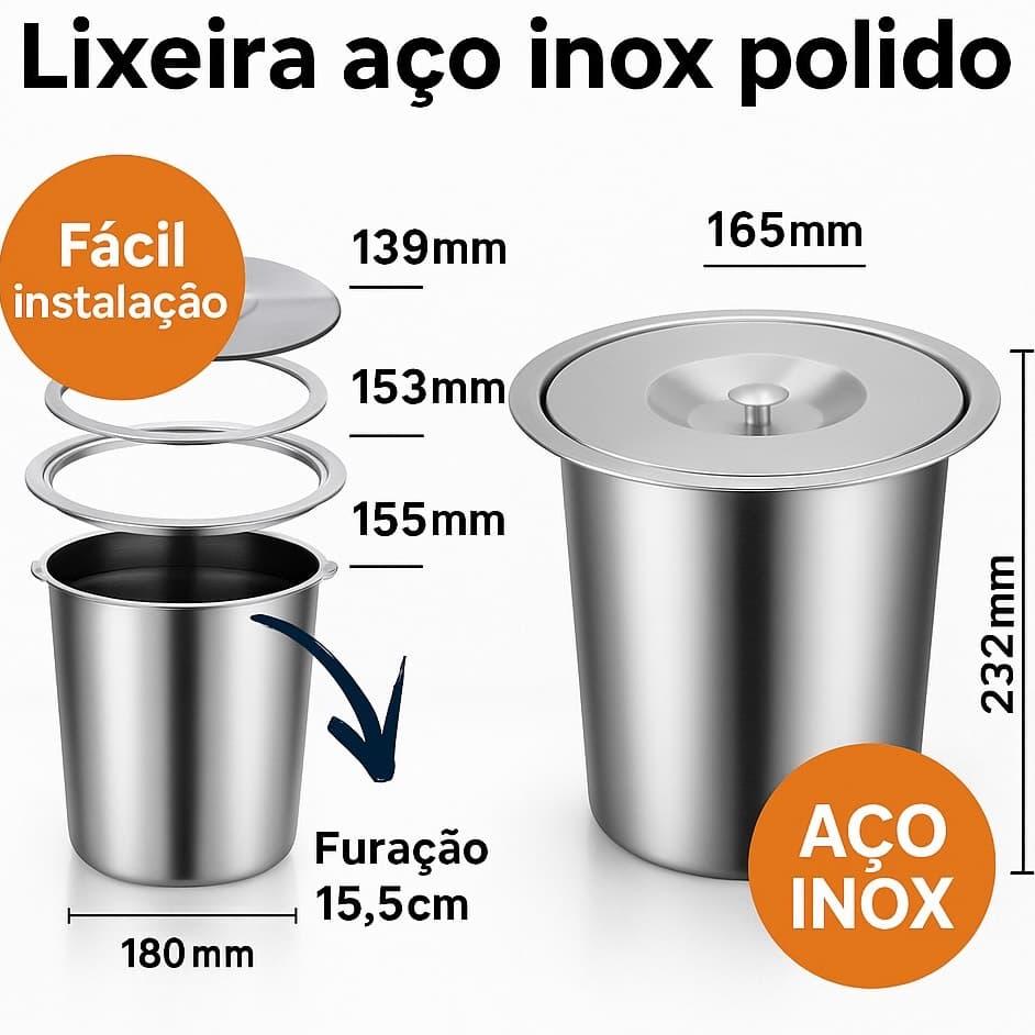 Lixeira de Embutir 3 Litros Inox Para Pia Granito Gourmet Luxo