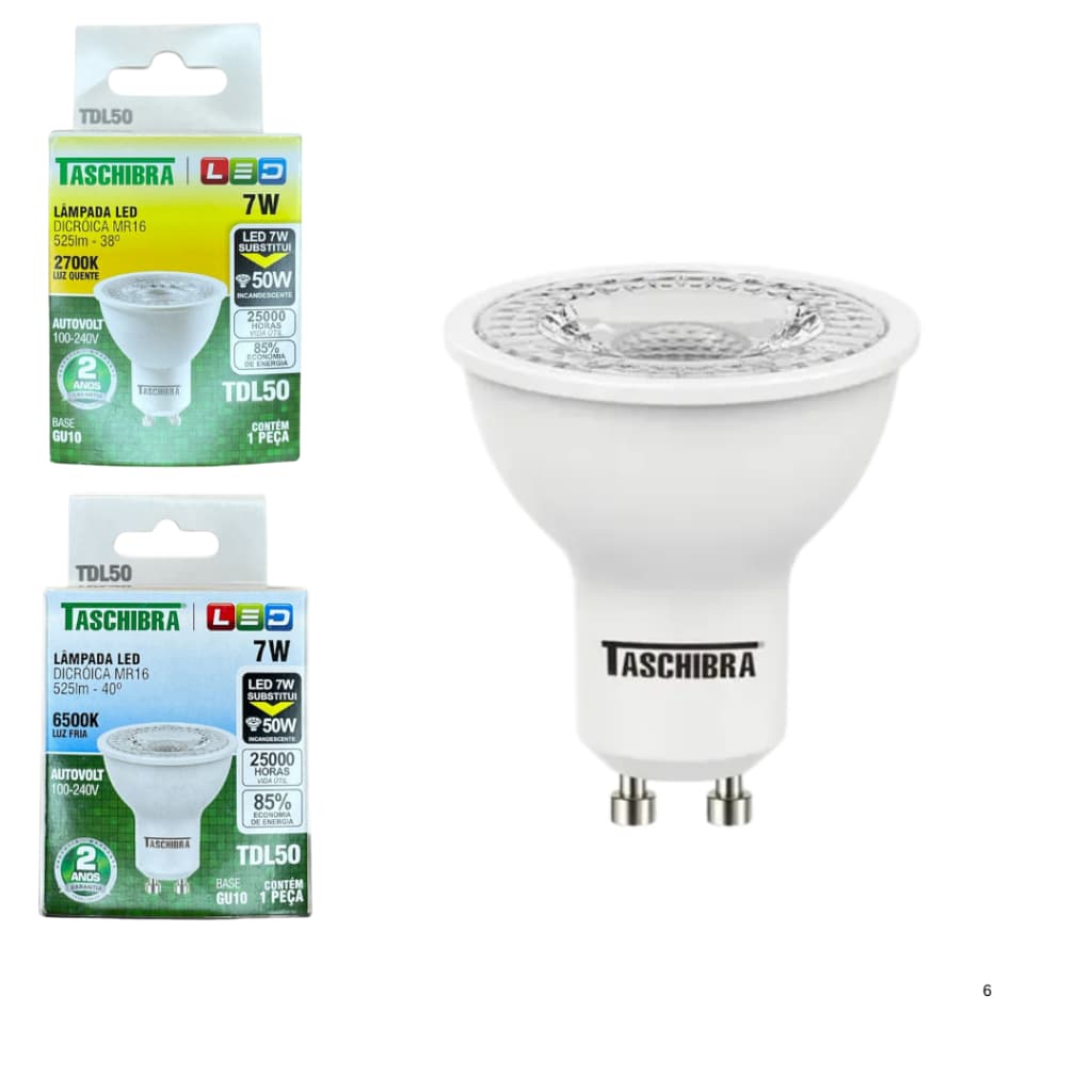 Lampada Dicróica Taschibra GU10 TDL50 2700k Luz Quente e 6500K Luz Fria 7W MR16 Taschibra