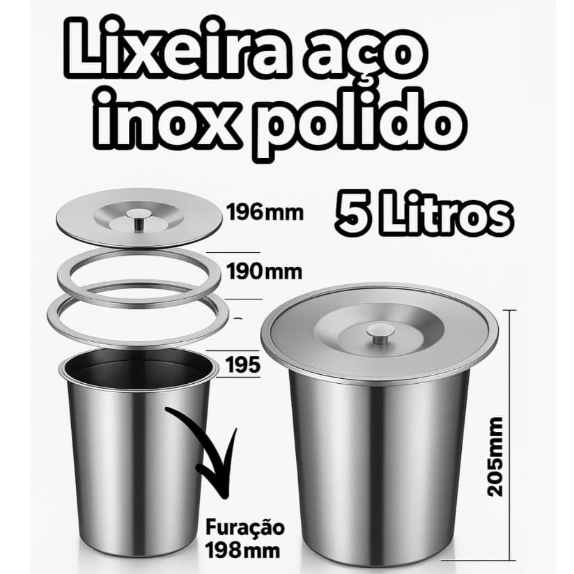 Lixeira de Embutir 5 Litros Inox Polido Para Pia Granito Gourmet Luxo
