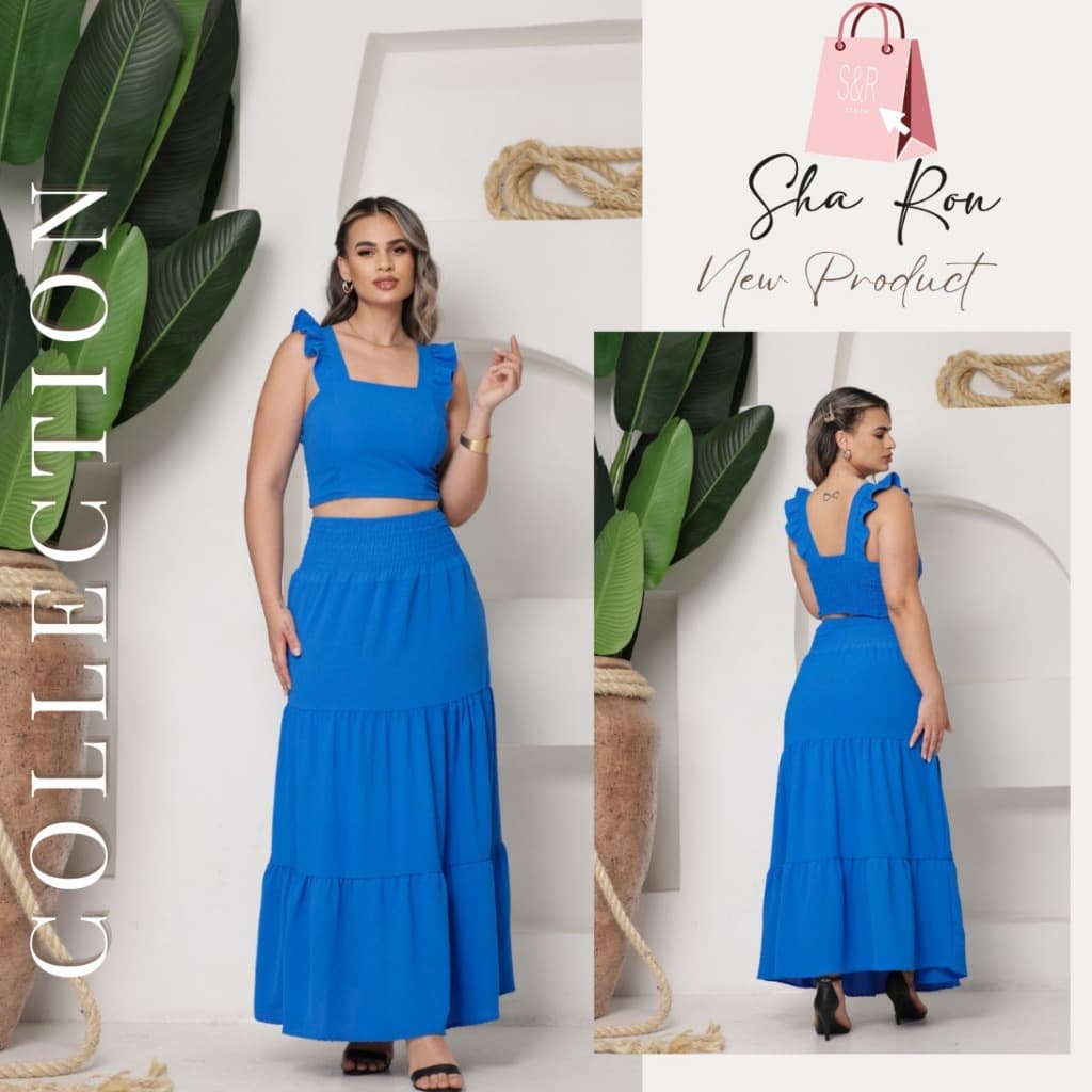 Conjunto Feminino Cropped Alca Babado com Bojo e Saia Longa Moda Tendencia Moda Verão