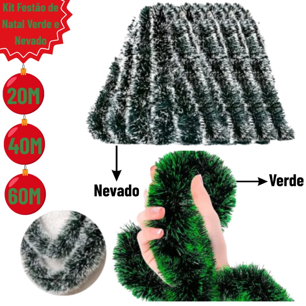 Kit 10/20/30 Festão de Natal Verde/Nevado 2 Metros com 9cm para Decoração/Enfeite