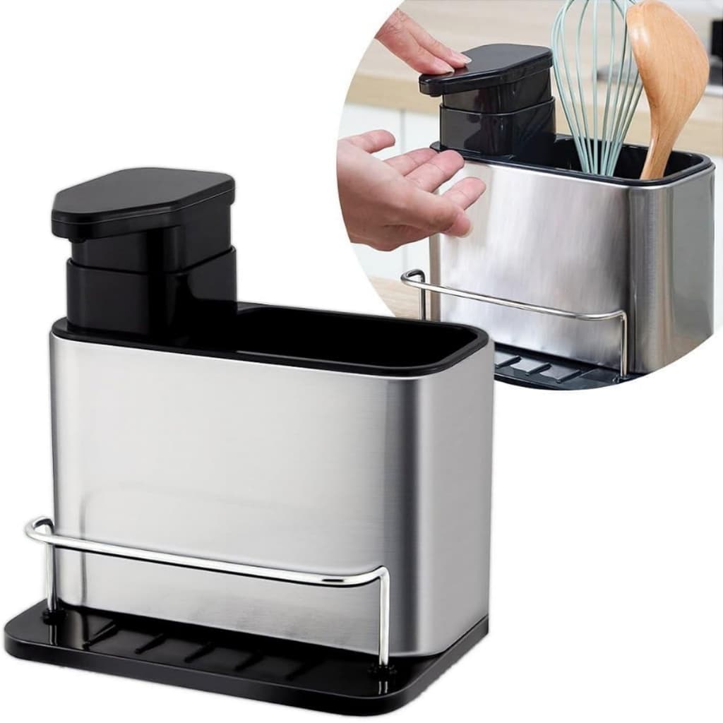 Suporte Organizador de Pia com Dispenser de Detergente e Porta Esponja Preto Inox