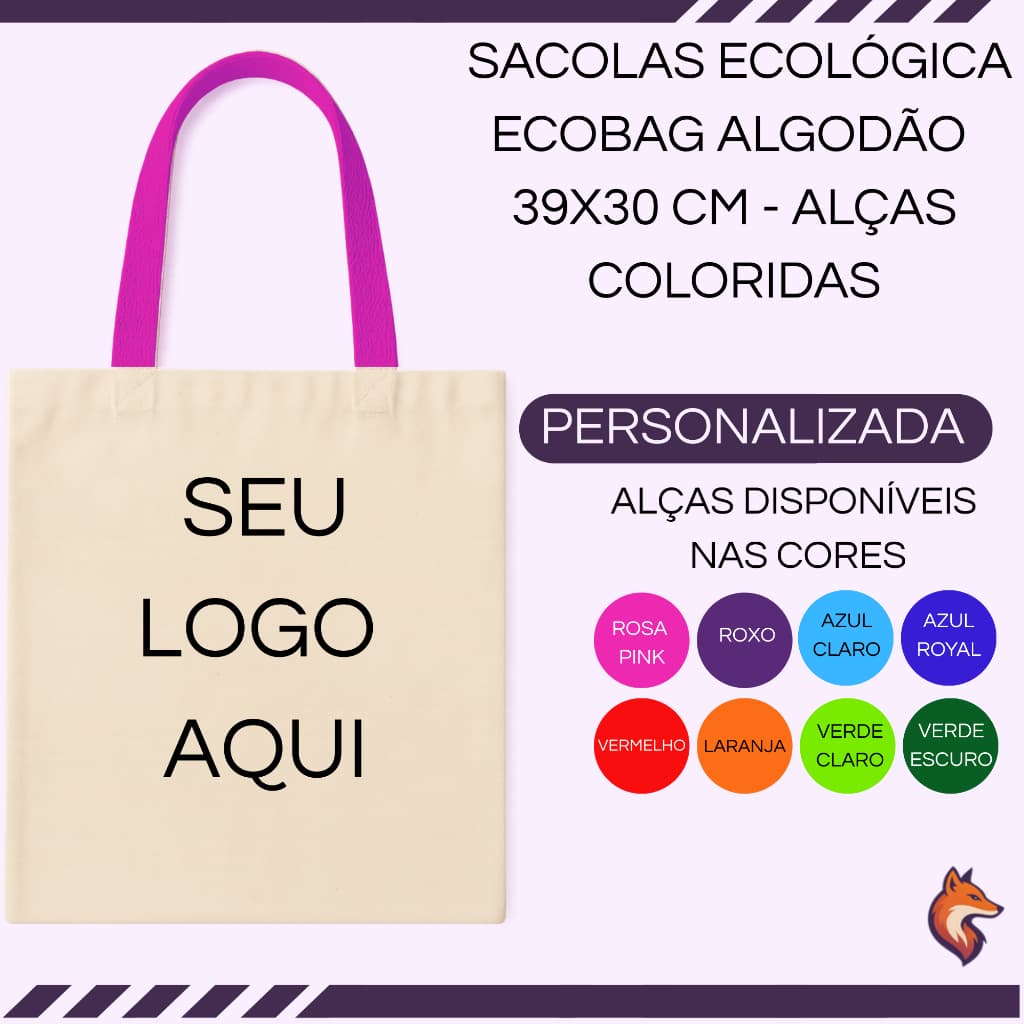 SACOLA ECOLOGICA 100% ALGODÃO CRU PERSONALIZADA 39x30 ESTAMPA EM DTF ALÇAS COLORIDAS
