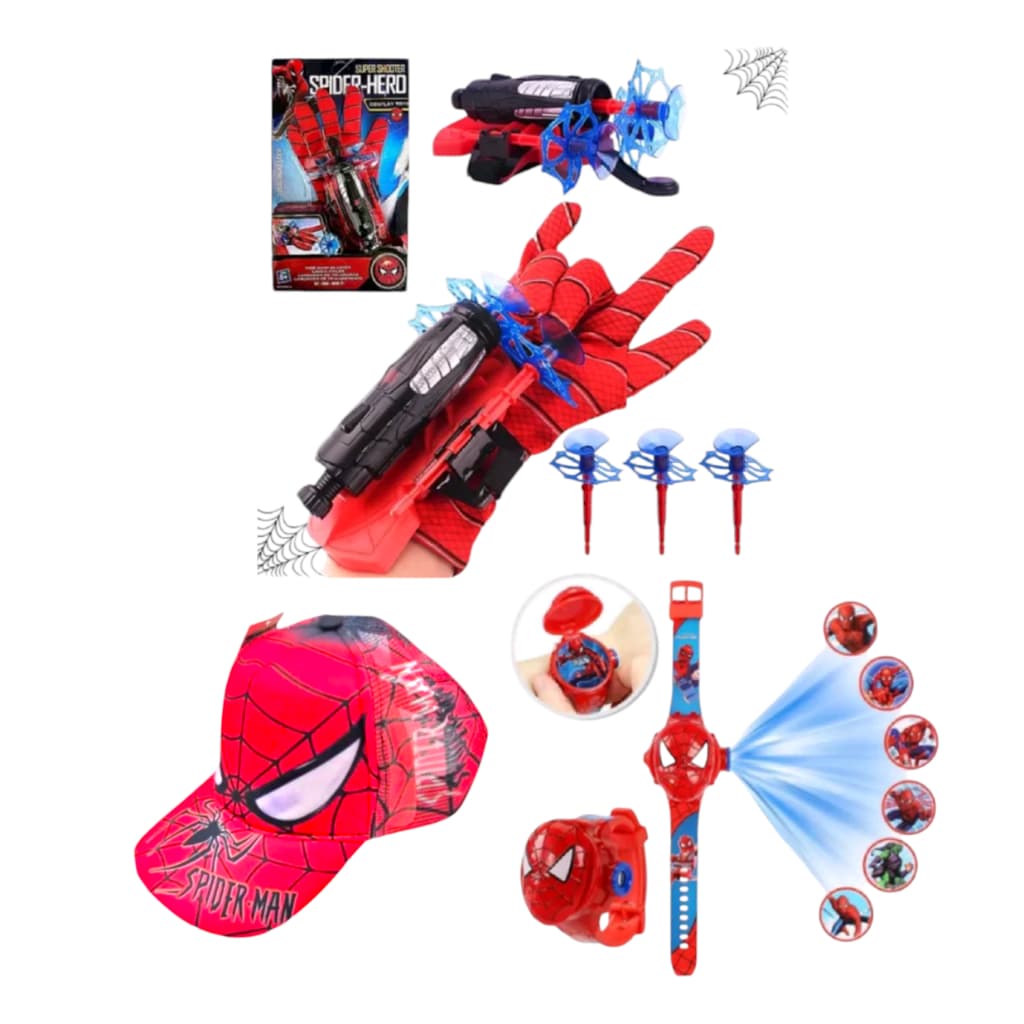 Kit Homem Aranha Luva Lançadora + Boné + Relógio Projetor De Imagens Homem Aranha