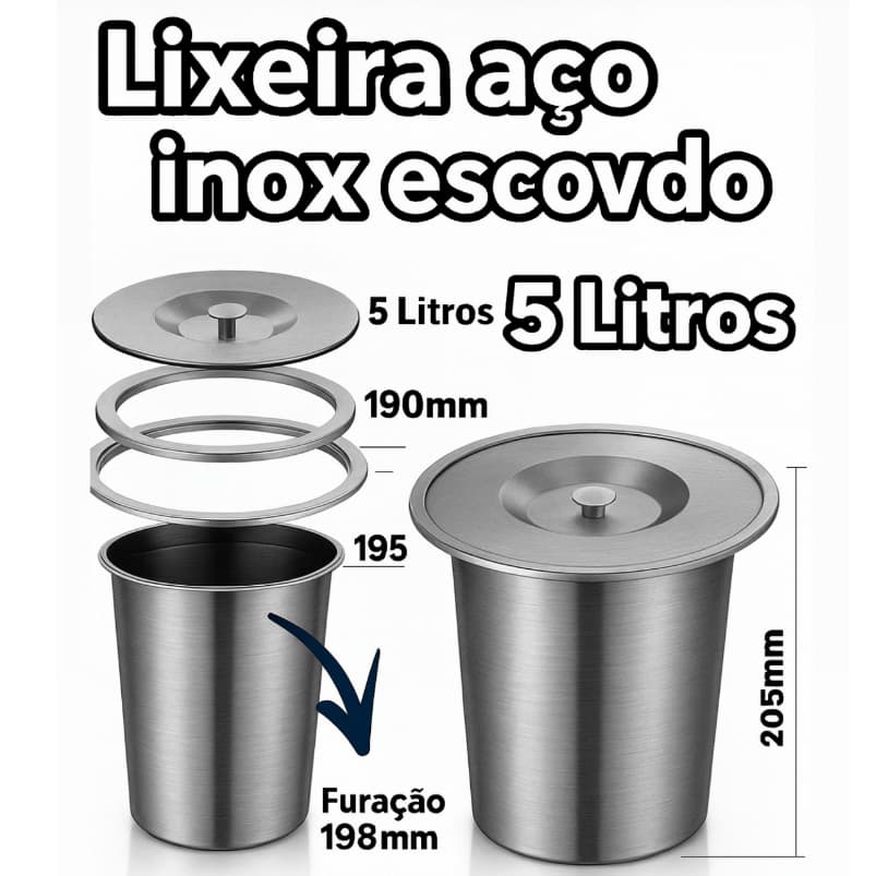 Lixeira de Embutir 5 Litros Inox Escovado Para Pia Granito Gourmet Luxo