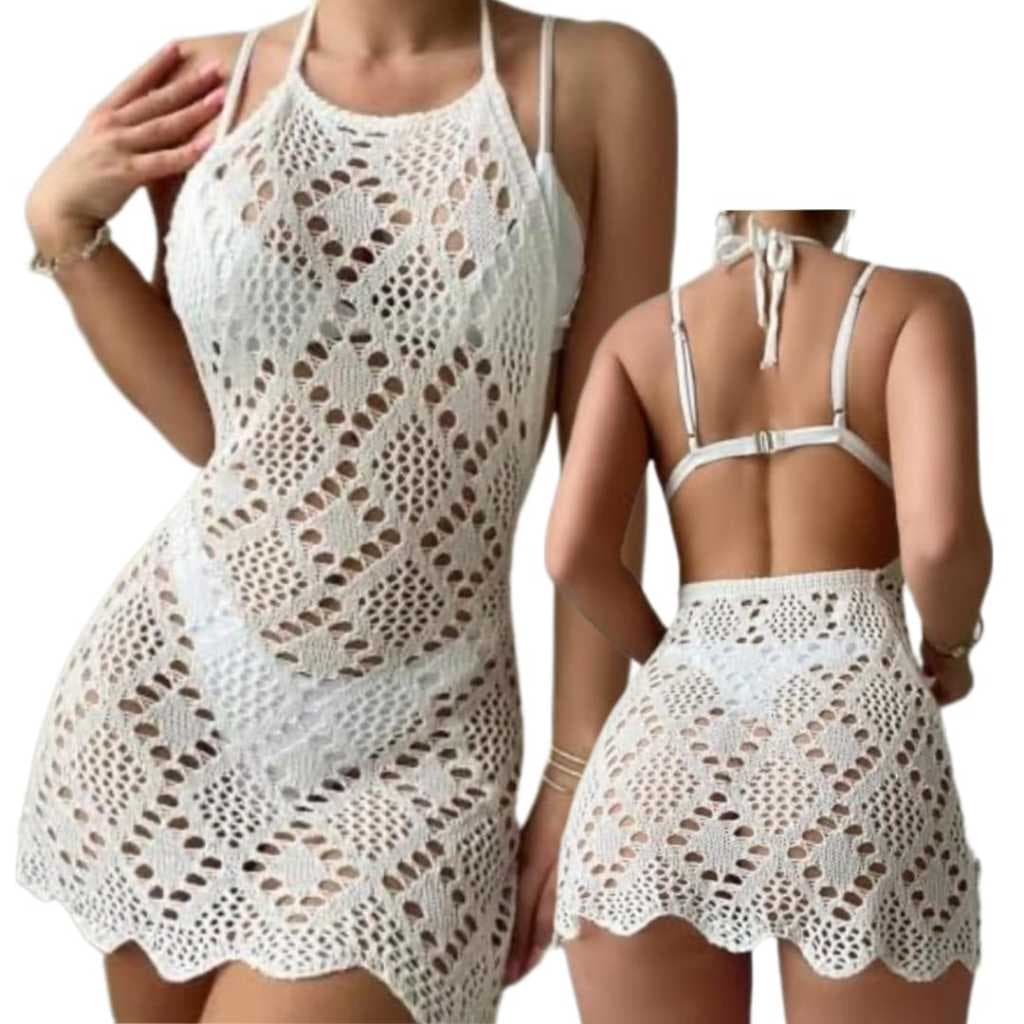 SAÍDA DE PRAIA COSTA ABERTA TRICOT RENDADO CROCHET VERÃO CURTA LINDA