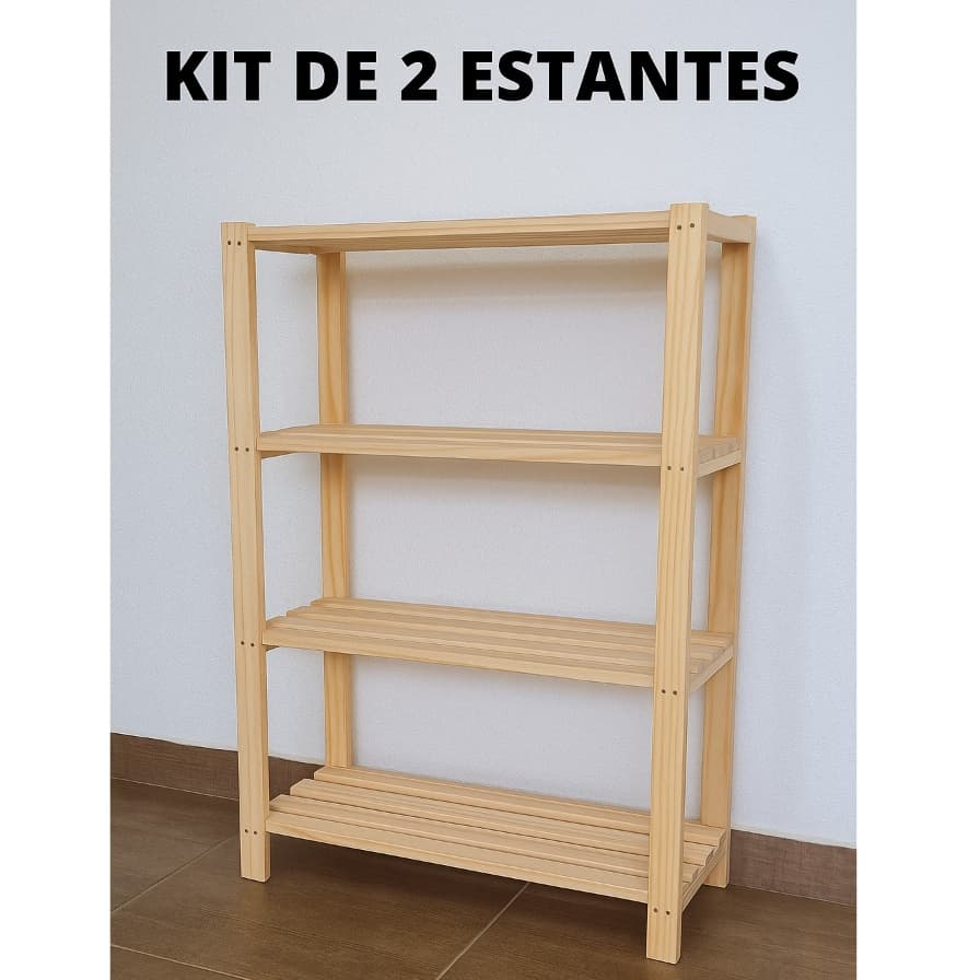Kit 2 Estantes Organizadora Com 4 Prateleiras De Madeira Pinus