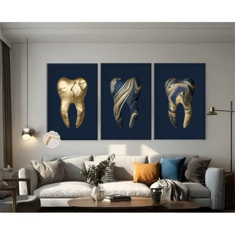 Kit 3 Quadro Decorativo Dente Odontologia Luxo Azul e Dourado Para Consultório Odontológico Dentista
