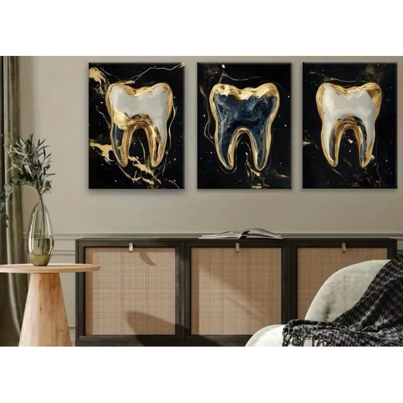 Kit 3 Quadro Decorativo Odontologia Dente Dourado Preto Luxo Moderno Consultório Clínica Dentist