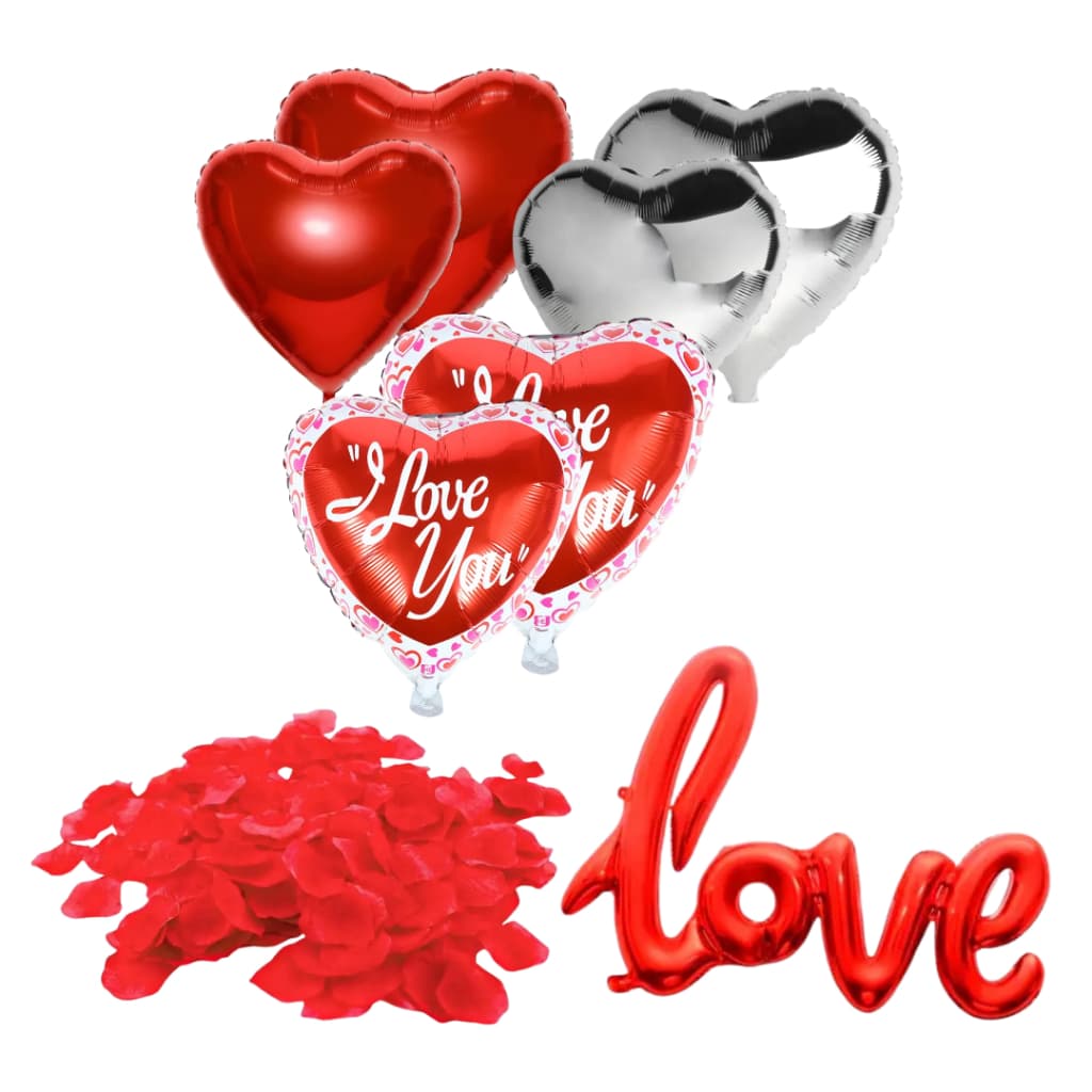 Decoração Romântica Pétalas de Rosa + Balões Coração e Love/Amor – Kits Personalizados