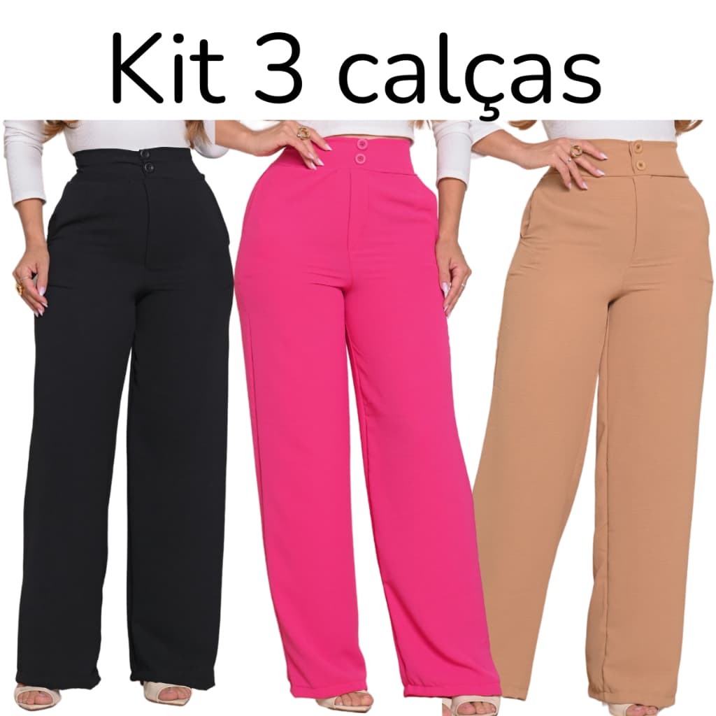 Kit 3 Calças Feminina Pantalona Dunas Confortavel Com Bolso