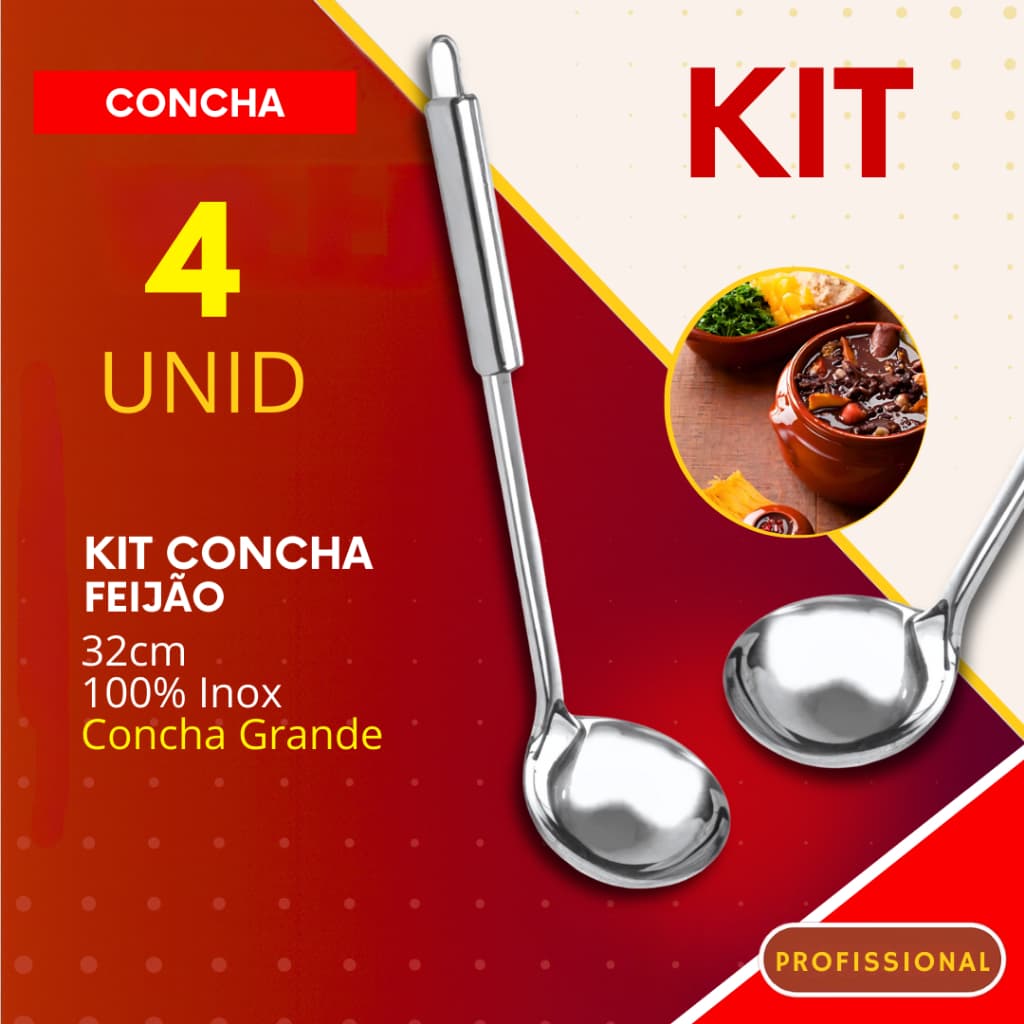 Kit 4 Conchas Grande Aço Inox 32 cm para Feijão Sopas Molhos Caldos Cozinha Restaurante