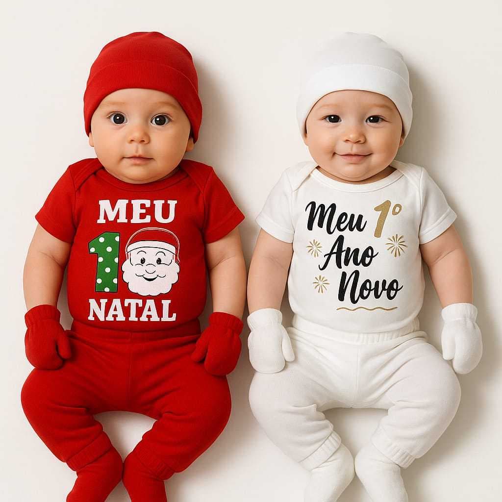 Roupa Natal e Ano Novo  - 1 /2 / 4 / 6 Peças - Bebê Body Calça Short Touca Luvas Sapatinhos Fantasia