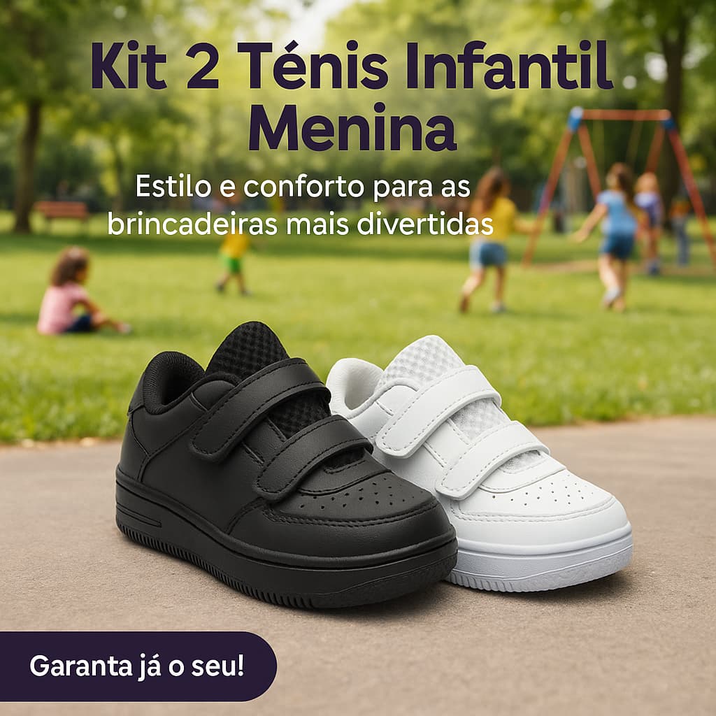 Kit 2 Tênis Infantil Feminino - Branco & Preto Confortáveis e Resistentes – Entrega Imediata