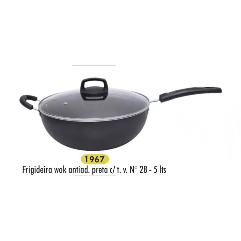 Frigideira Wok Antiaderente Cabo e Alça 28 cm Teflon com Tampa de Vidro