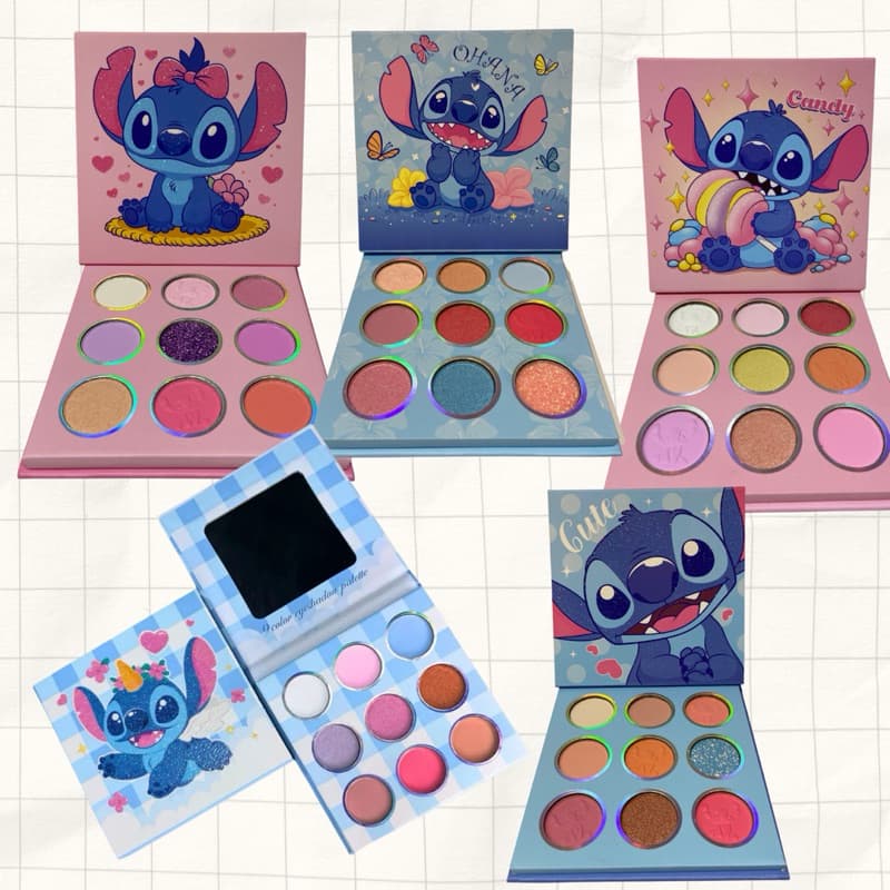 Paleta de Sombras Infantil Stitch Antialérgica | Modelos Variados com 9 Cores Glitter | Maquiagem Segura e Colorida