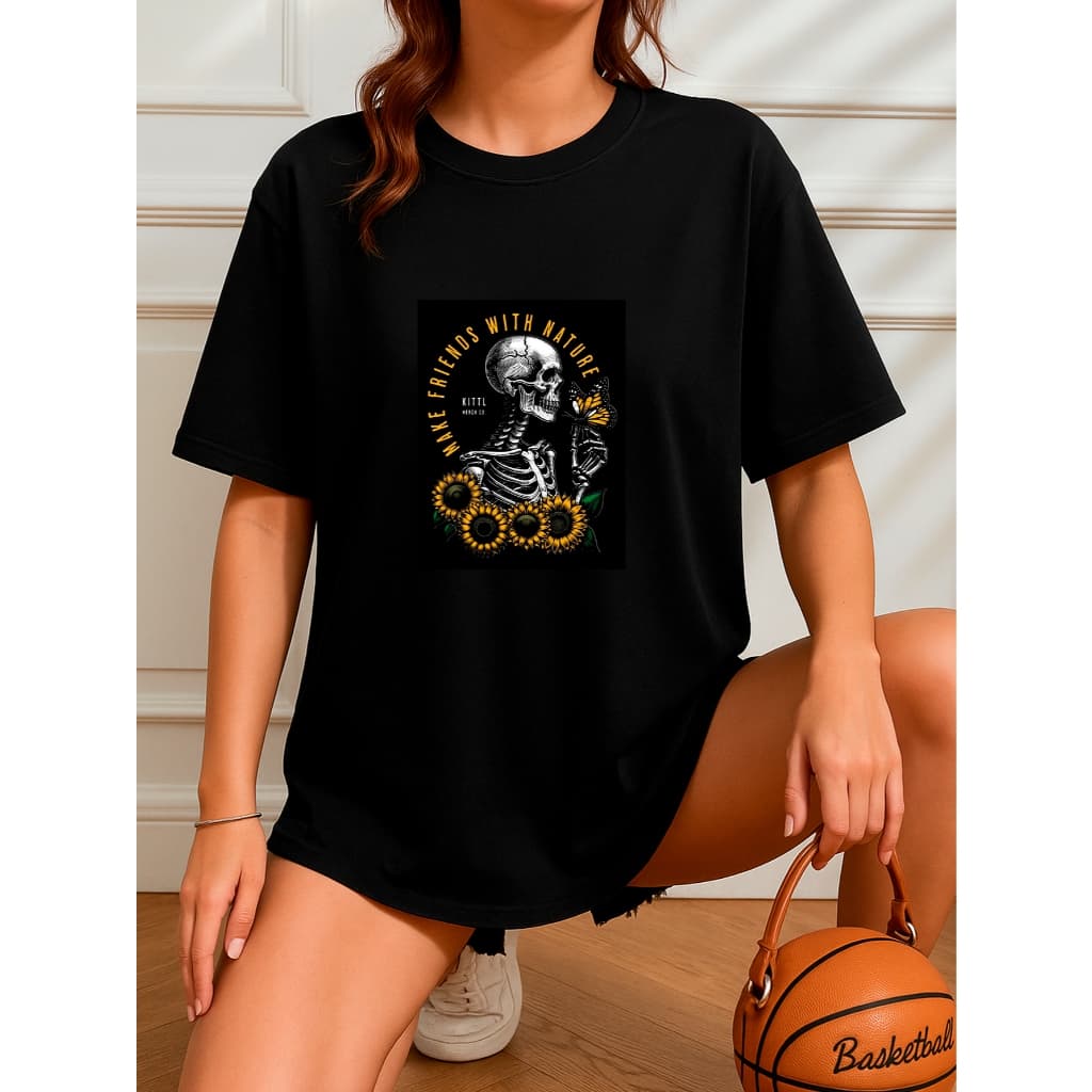 Camiseta Oversized Feminina Estampada 100% Algodão Nature Esqueleto Moda Tendência