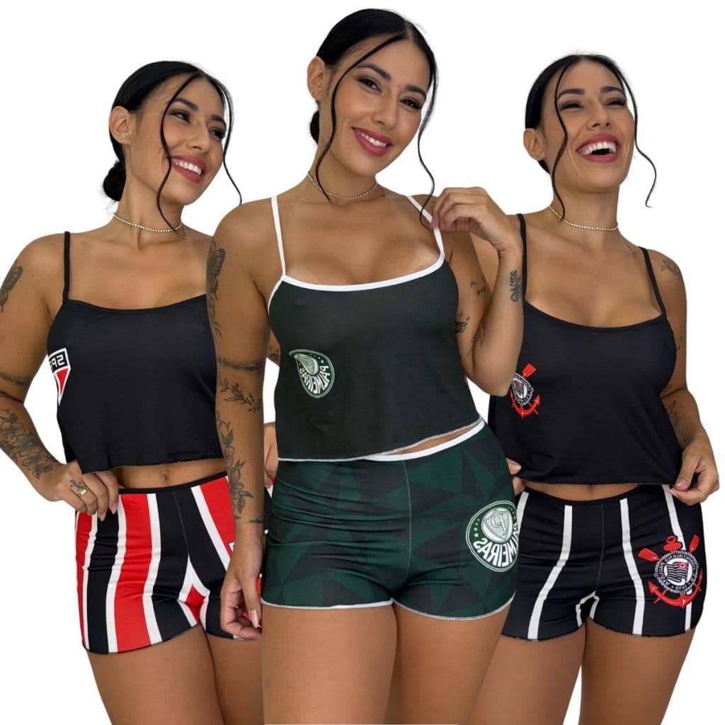 Pijama Feminino Baby Doll Verão Malha Suede Adulto Regata Short Times Temático Clubes Times Futebol