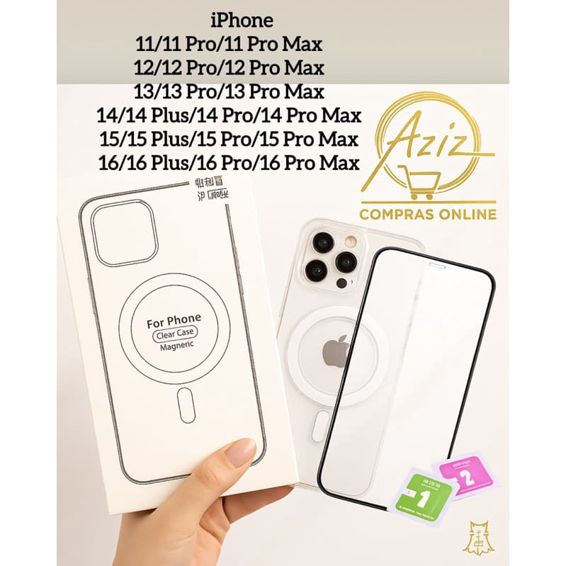 Kit Capa Magnética Transparente + Película Vidro 3D 9H + Kit de Limpeza p/ iPhone 11 ao 16 Pro Max – Proteção Premium