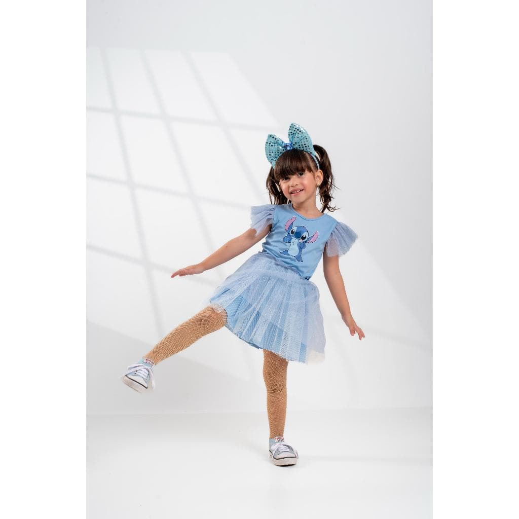 Fantasia Infantil Vestido Stitch Azul Claro com tiara
