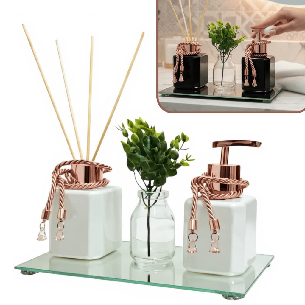Kit Completo Rose Gold Banheiro Lavabo Frasco Pet Difusor e Saboneteira 200ml + Bandeja Vaso Planta