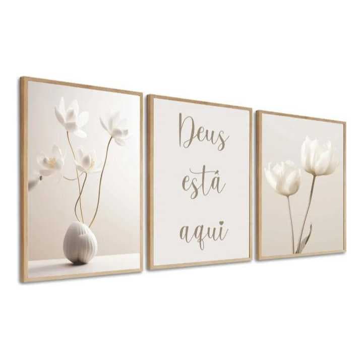 kit 3 Quadro Decorativos Flores Boho Bege Frases