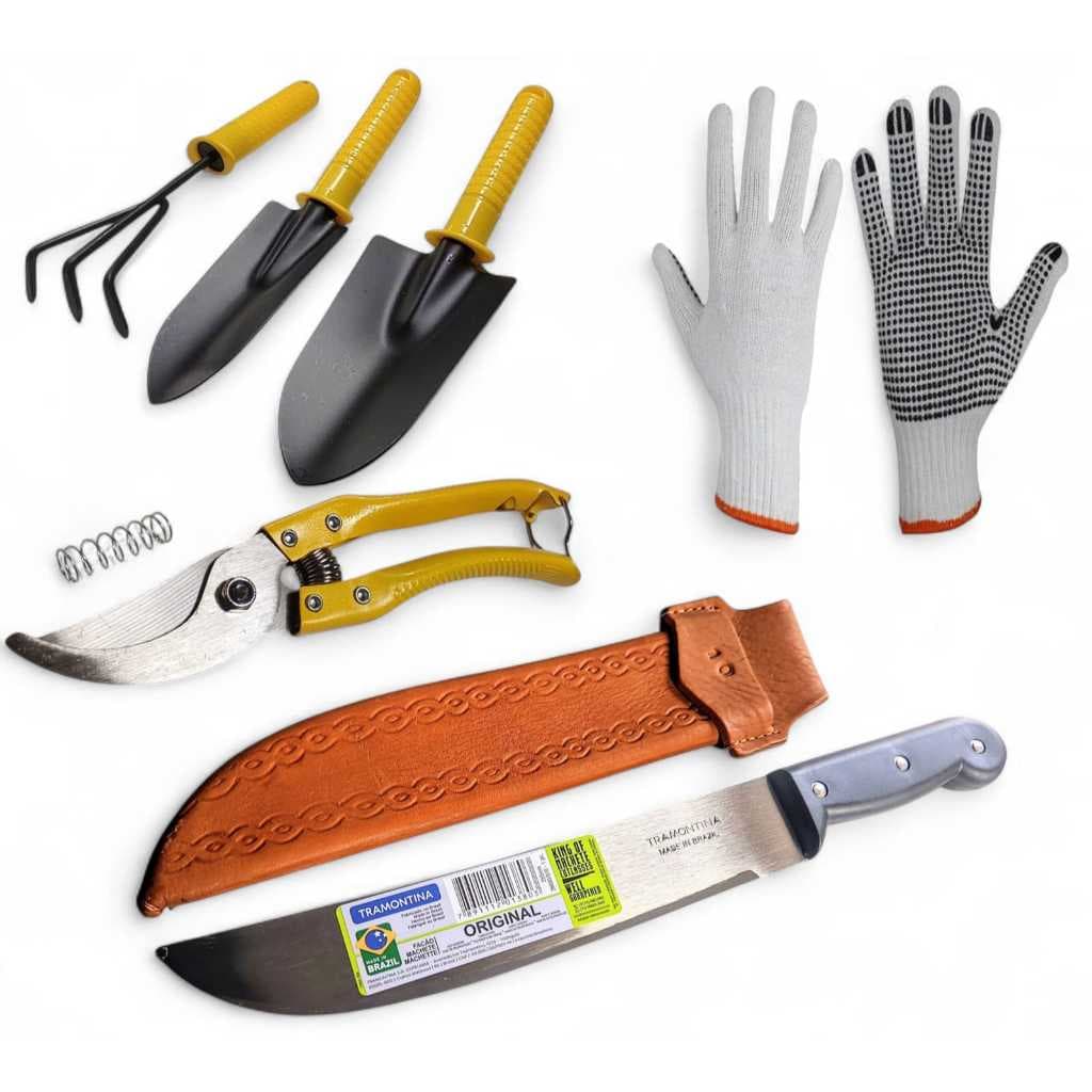 Kit Jardinagem 4 Peças + Facão Tramontina 10" com Bainha em Couro e Luvas de Proteção