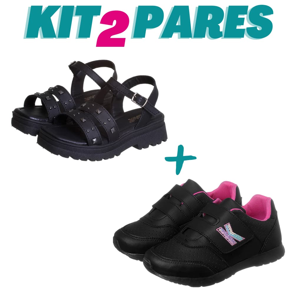 KIT 2 PARES Sandália Tratorada Infantil Menina Spike Preta e Tênis Jogging Bordado Preto Pink Promoção