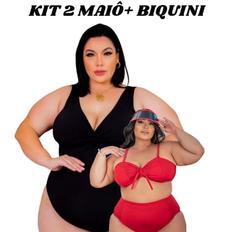 KIT Maiô Plus Size Transpassado com Nó + 1 Biquini Top com Forro Alça Larga Cintura Alta Maiô