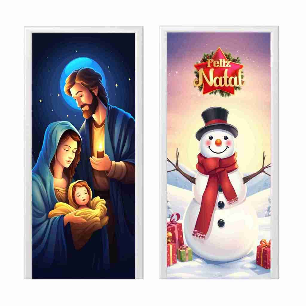 Kit 2 UND Capa Decorativa de Porta Natal 2,10 x 0,85 Painel Natal Vertical de Porta em Malha Premium