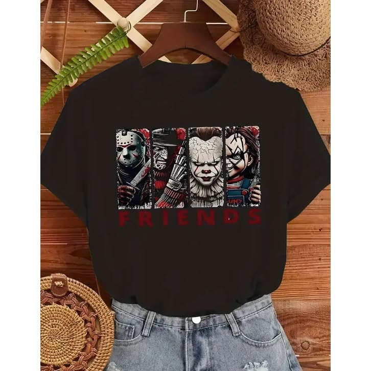 Camisa Unissex Básica Amigos do Terror Festa Halloween Moda Verão Masculino Feminino Camiseta Manga Curta Gola Redonda