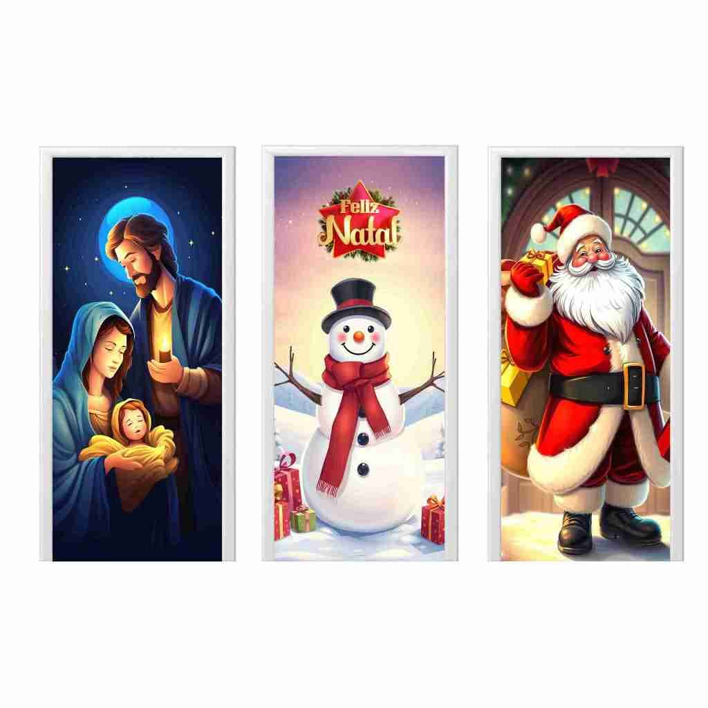 Kit 3 UND Capa de Porta Natal 2,10 x 0,85 Painel Natal de Porta Decorativa em Malha Premium