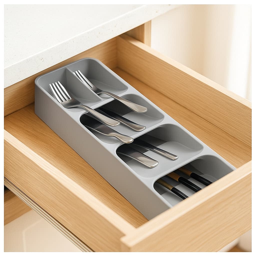 Organizador Porta Talheres para Gaveta Cozinha Divisória Cinza Suporte Utensílios Bancada Bandeja