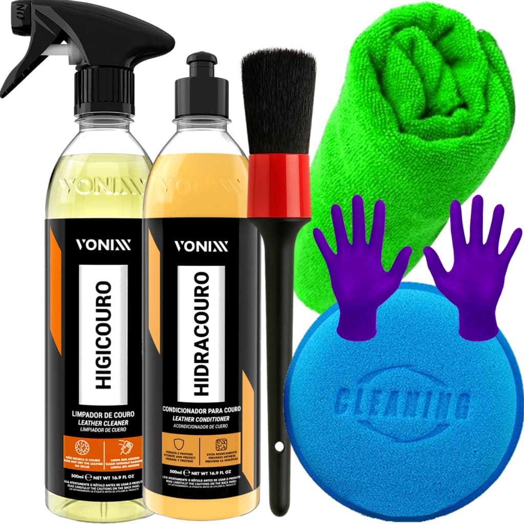 Kit Produto para Limpar Couro Higicouro Vonixx Hidratante Banco Couro Sofá Hidracouro Pincel Limpeza Pano Aplicador