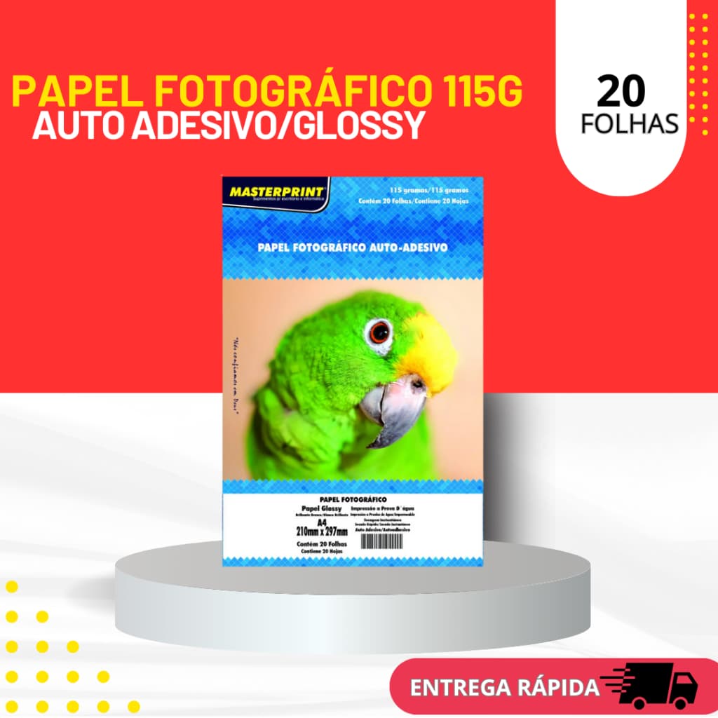 20 Folhas Papel Fotográfico Adesivo A4 Glossy Brilhante 115g Á Prova D' água Masterprint Para Impressora Jato de Tinta.