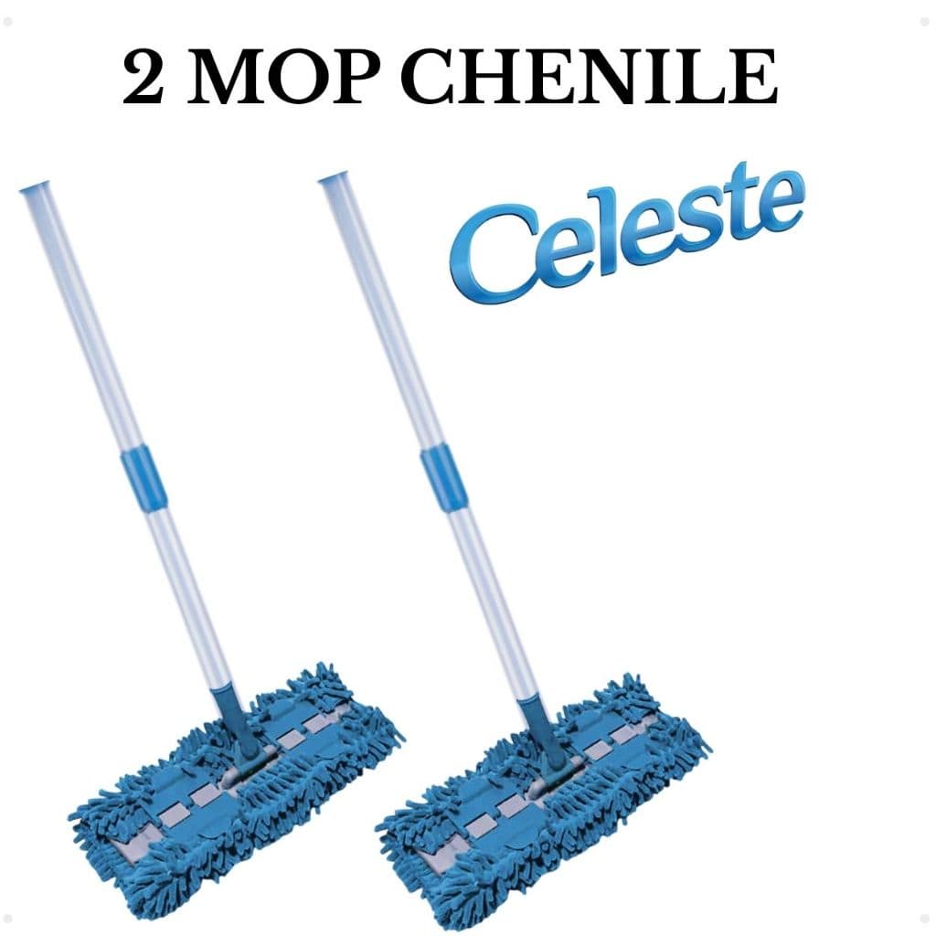 Kit 2 Mop Chenile Celeste Enxuga Cozinha Chão Limpeza Pano Casa Automóvel