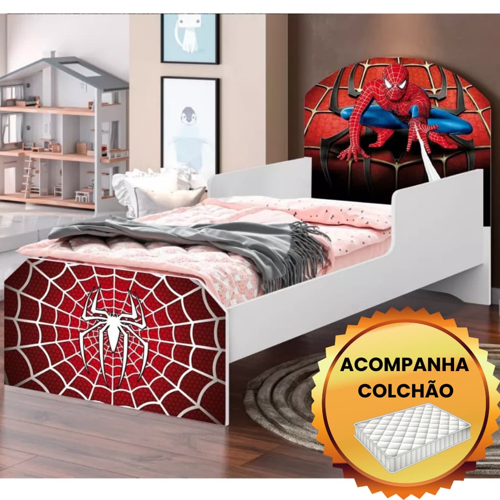Mini Cama Infantil com Grade Proteção Homem Aranha 100% MDF com Colchão Incluso