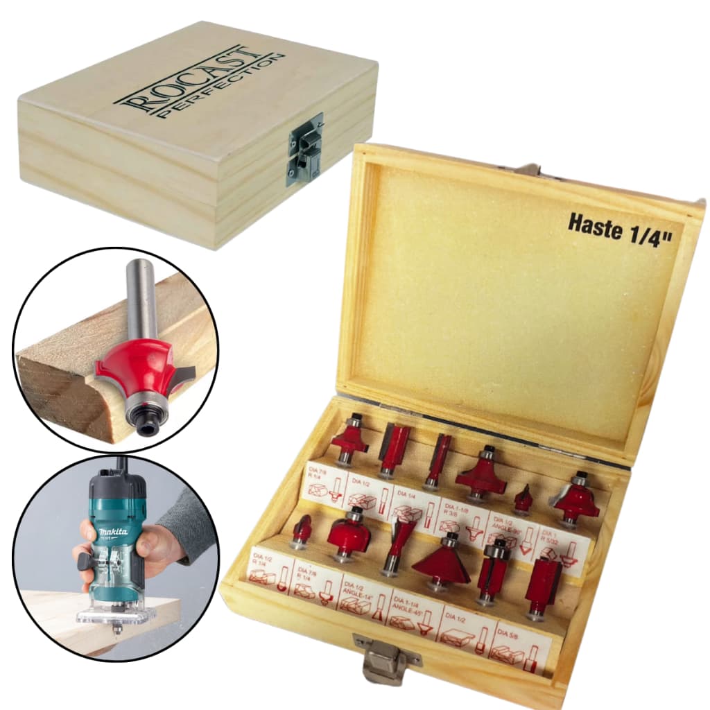 Jogo de Fresas para Tupia Rocast – 12 Peças, Encaixe 1/4", Ideal para Madeira e Marcenaria