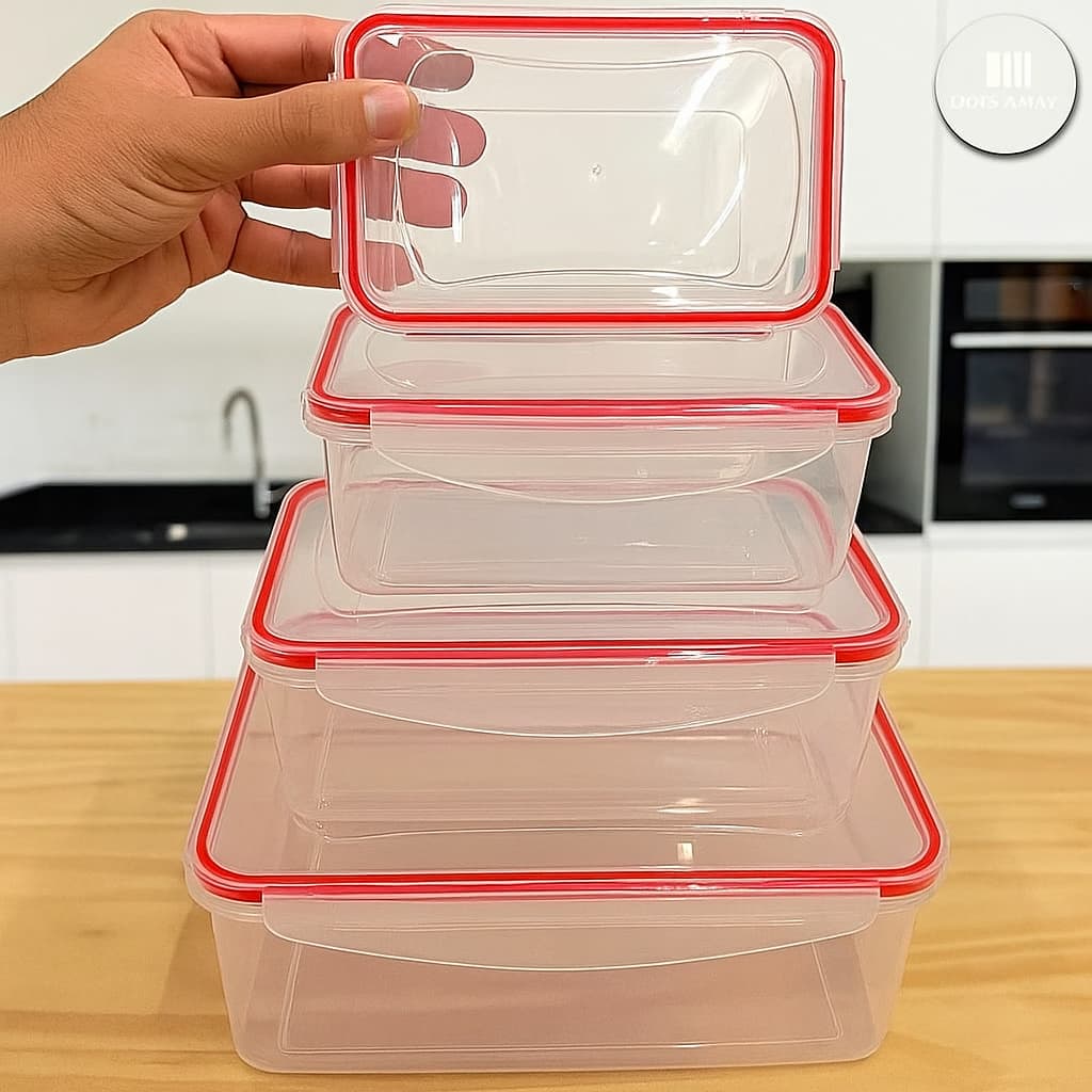 Kit 4 Potes Herméticos Retangular de Plástico livre de BPA c/ 4 Travas Tamanhos Variados Fratelli Para Alimentos