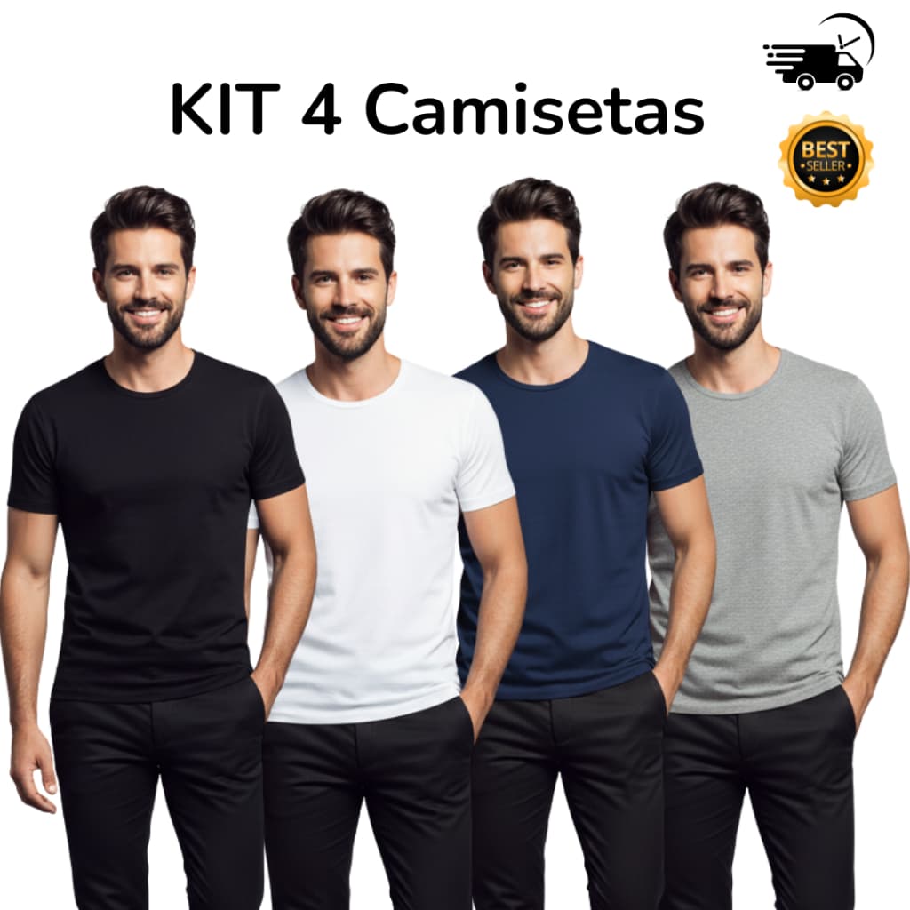 KIT 4 Camiseta Masculina Básica 100% Algodão