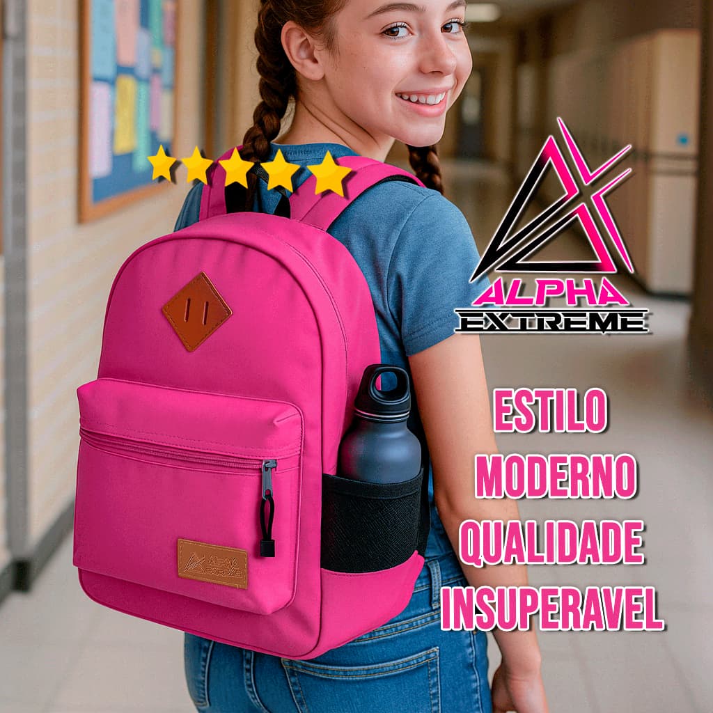 Mochila Feminina Alpha College Universitária Rosa–Estilo Escola, Alças Acolchoadas Reforçado